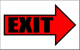 Red arrow-shaped exit sign with bold black "EXIT" text on white background.