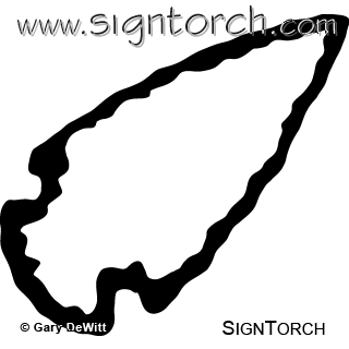 Black silhouette of a Native American arrowhead point on white background, stylized with jagged edges and watermark branding.