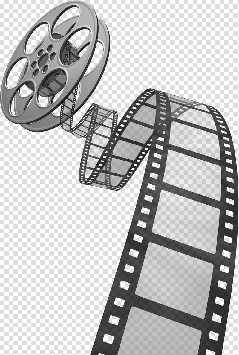 Silver film reel with unspooling 35mm film strip on transparent background.