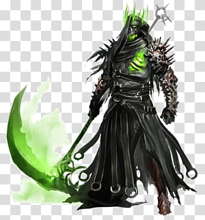 Dark fantasy necromancer in black robes wielding a glowing green scythe and spiked staff, with eerie green aura and spiky hair.
