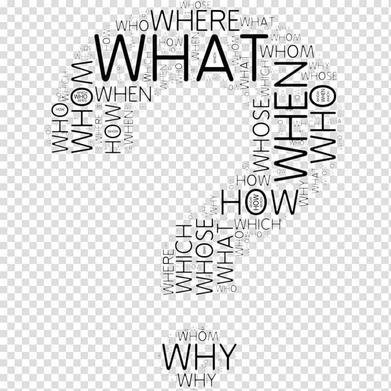 A question mark formed from the words "who," "what," "where," "when," "why," and "how" in black text on transparent background.