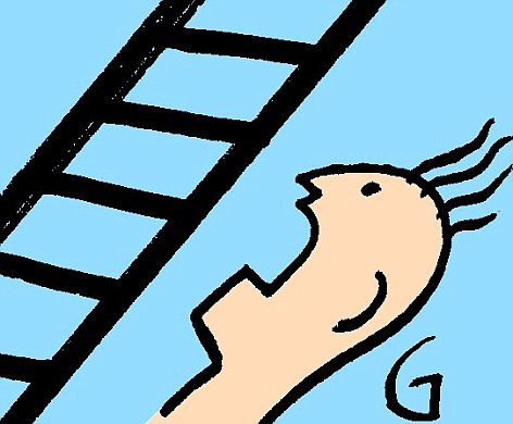 A cartoon figure with spiky hair looks up at a ladder, mouth open in surprise or aspiration, against a light blue background.
