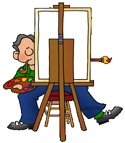 Cartoon artist painting at easel with palette and brush, smiling creatively.