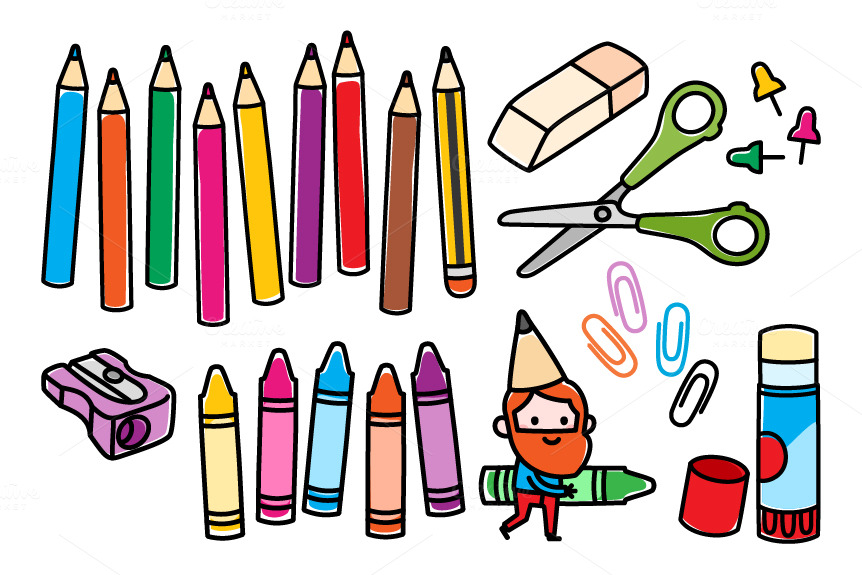 Colorful cartoon-style school supplies including pencils, crayons, scissors, eraser, glue stick, pencil sharpener, paper clips, and a smiling character.