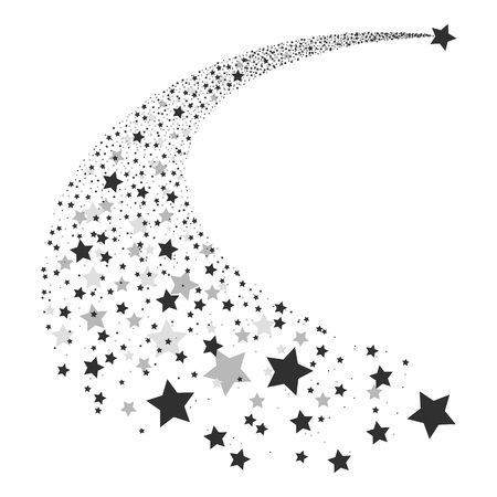 A stylized black-and-white comet trail composed of stars, curving diagonally across a white background.