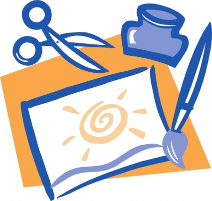 Blue scissors, inkwell, paintbrush, and a child’s sun drawing on orange paper-symbolizing creativity and art education.