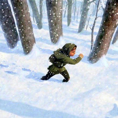 A child in a green hooded coat runs through a snowy forest with falling snowflakes and tall trees.