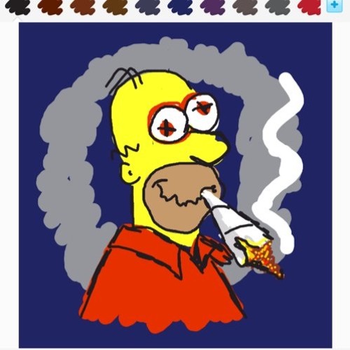Homer Simpson smoking a joint with exaggerated red eyes and smoke swirls around his head.