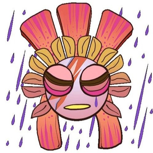 A cartoon sun with closed eyes, pink cheeks, and raindrops falling around it, expressing sadness or exhaustion.