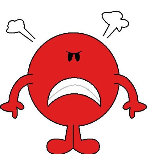 Angry red cartoon character with steam clouds, furrowed brows, and clenched mouth expressing frustration or rage.