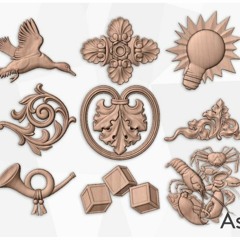 Collection of intricate 3D ornamental designs including floral motifs, birds, lightbulbs, and geometric shapes in wood-tone finish.