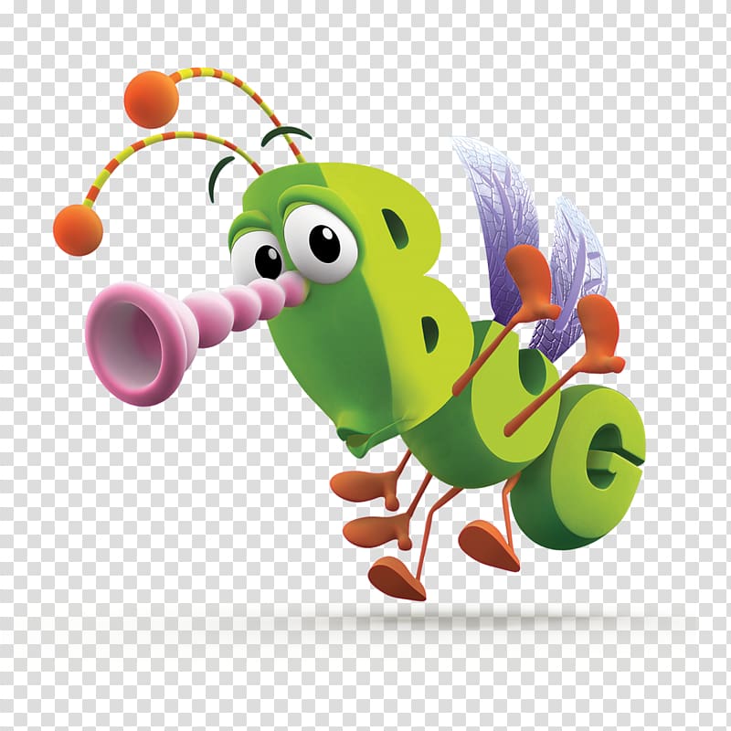 A cheerful green cartoon bug shaped like the word "BUG", blowing a pink horn with purple wings and orange antennae.