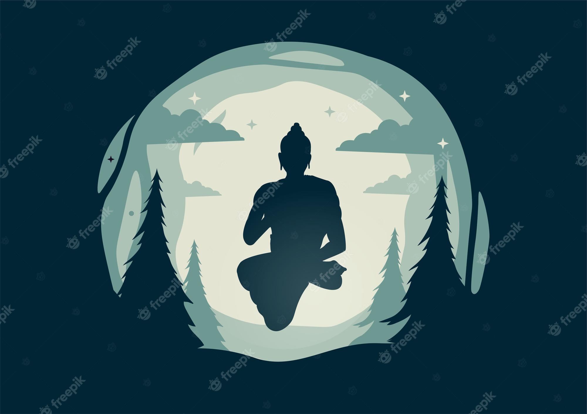 Silhouette of a meditating figure in lotus pose within a glowing orb surrounded by pine trees and stars under a night sky.