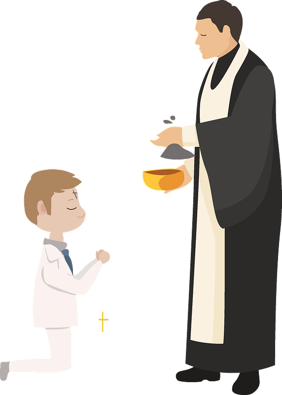 A priest administers ashes to a kneeling child during Ash Wednesday service, symbolizing repentance and humility.