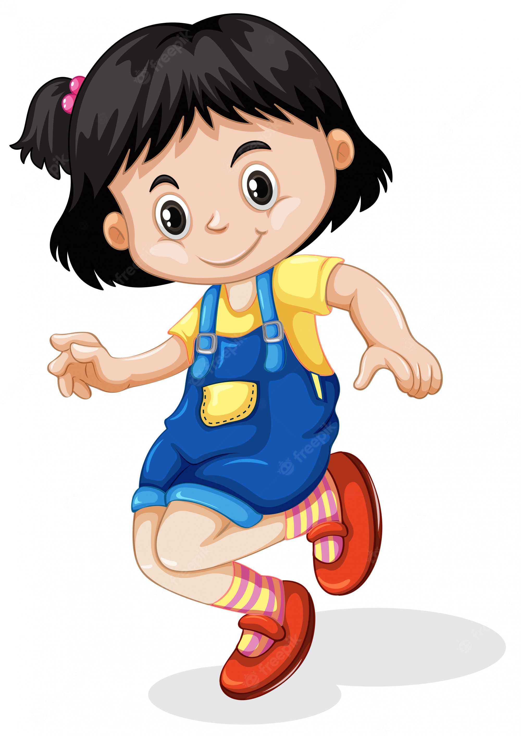 Happy cartoon girl with black pigtails running in blue overalls and red shoes.