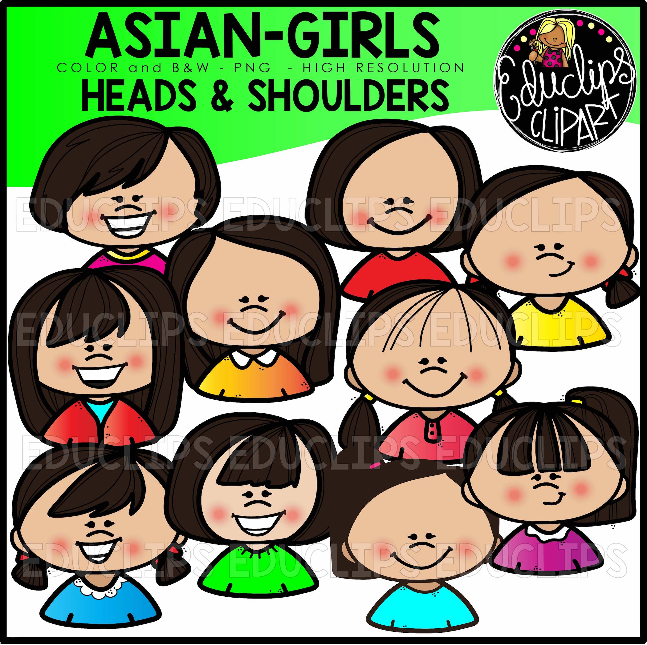 Cartoon clipart of diverse Asian girls' heads and shoulders in color and black-and-white, high-resolution PNG format.