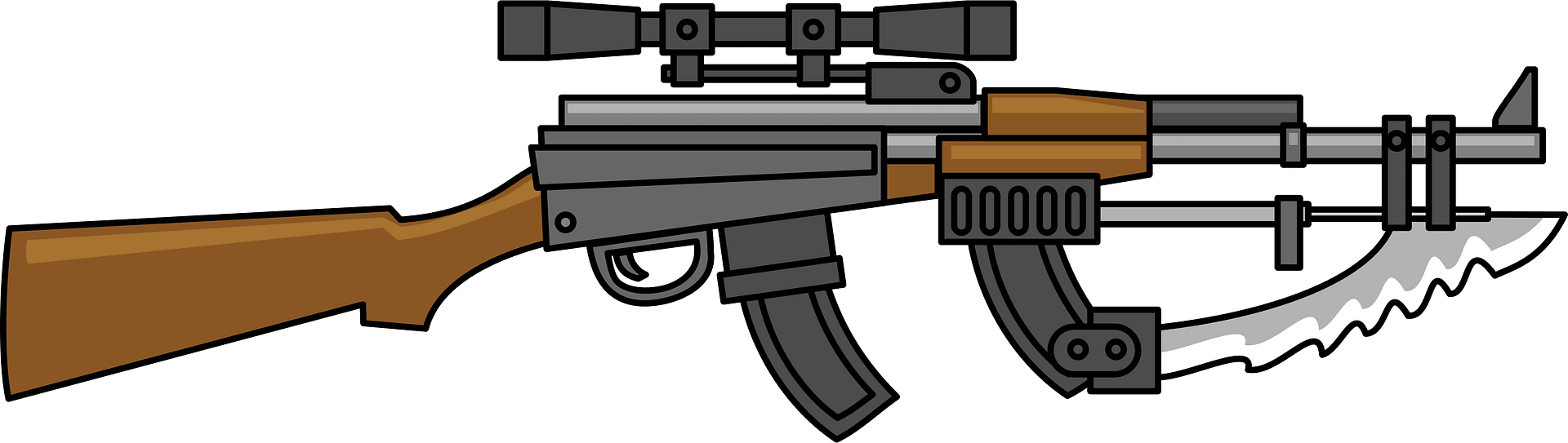 Stylized assault rifle with scope, wooden stock, and bayonet-mounted saw blade on green background.