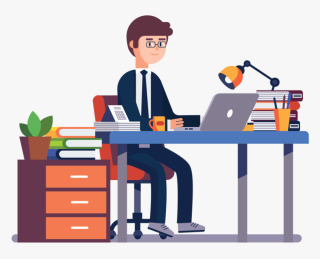 Professional man in glasses working at a desk with laptop, books, coffee, and office supplies.