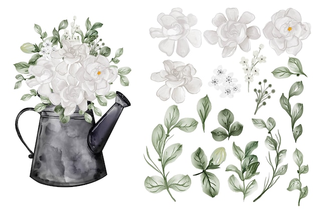 Watercolor illustration of white flowers and green foliage in a rustic metal watering can, with loose floral elements beside it.