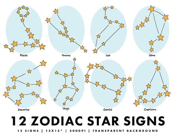 Illustration of the 12 zodiac star signs with constellations and names in light blue ovals.