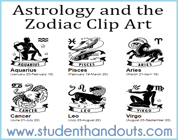 Black-and-white zodiac clip art showing all 12 astrological signs with dates and symbolic figures.
