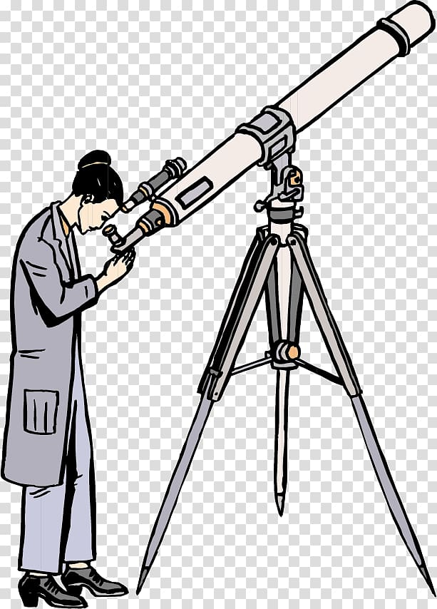 Scientist in lab coat observing through a refracting telescope mounted on a tripod.