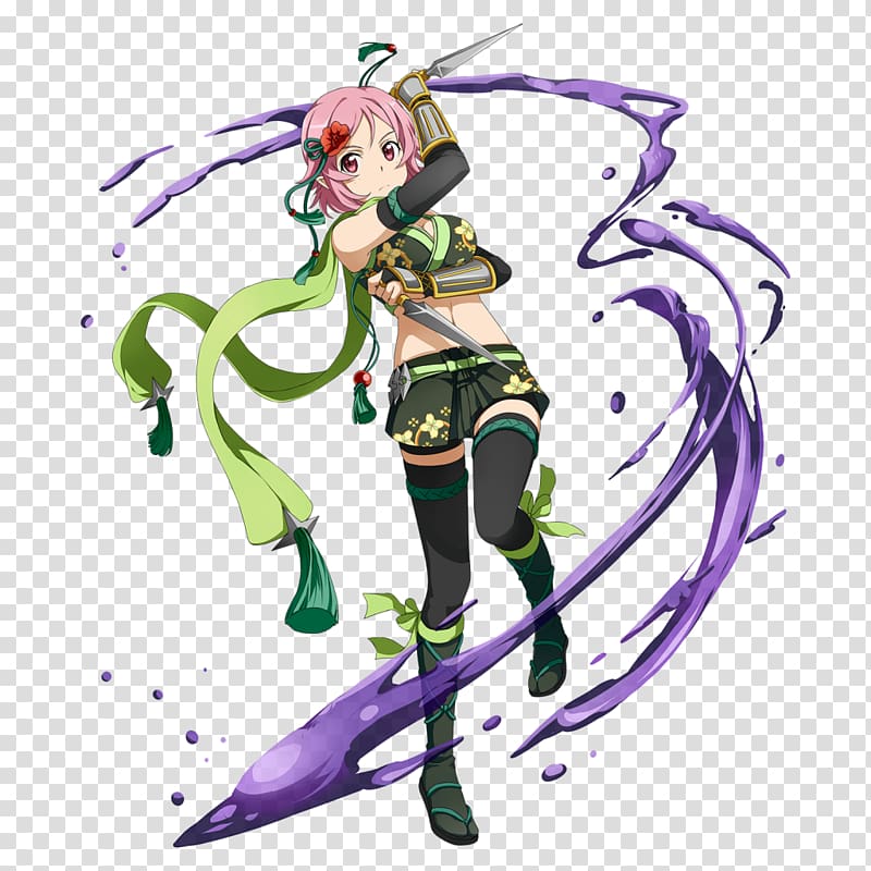 Pink-haired anime warrior wielding dual daggers with green ribbons and purple energy swirls in dynamic pose.