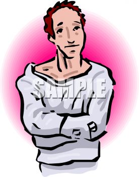 Confident young man with red hair, arms crossed, wearing off-shoulder sweater against pink glow background.