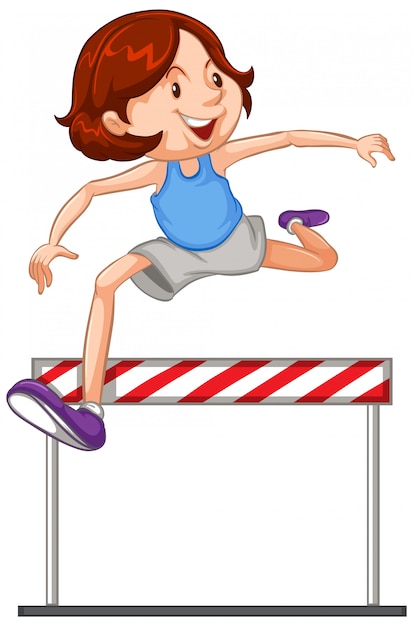 A smiling girl with red hair leaps over a red-and-white striped hurdle in athletic gear.