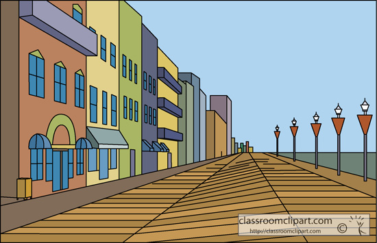 Colorful cartoon city street with buildings, wooden boardwalk, and streetlights receding into the distance under a clear blue sky.