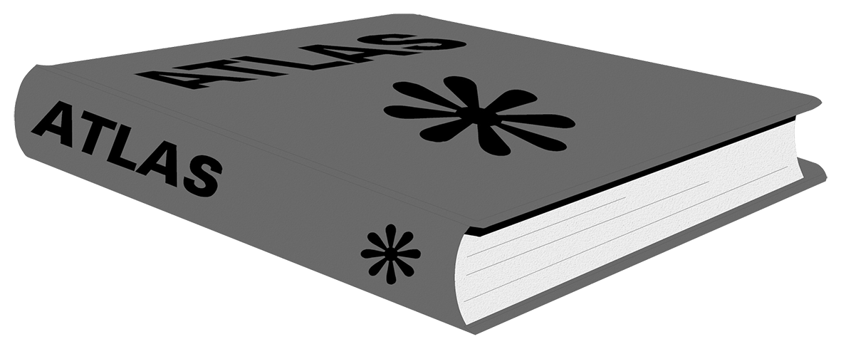 Gray hardcover atlas book with bold "ATLAS" text and black asterisk symbols on cover and spine.