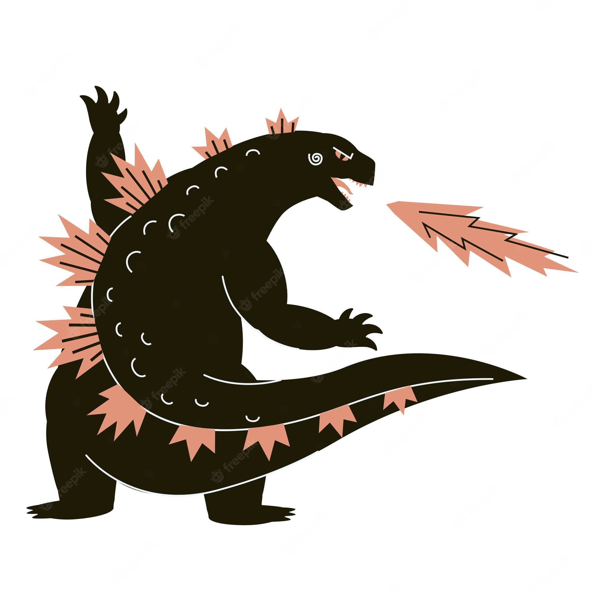 Stylized black Godzilla with peach dorsal fins roaring fire, cartoon illustration on white background.