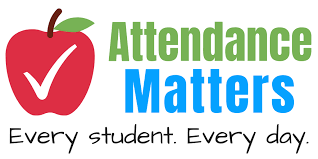 Blue and white circular badge with "Attendance COUNTS" text and red checkmark, slogan "Every Day Everyone"
