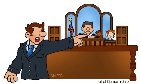 Cartoon lawyer pointing emphatically in a courtroom with judge and jury behind the bench.
