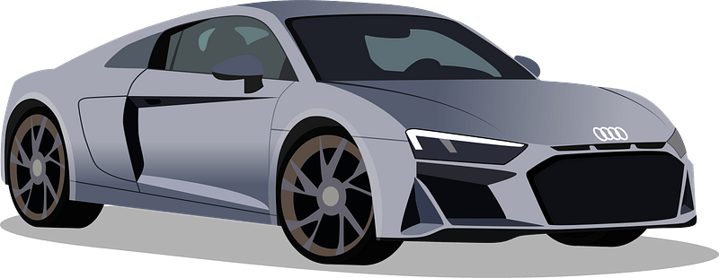 Silver Audi R8 sports car with sleek aerodynamic design, LED headlights, and distinctive side blades.