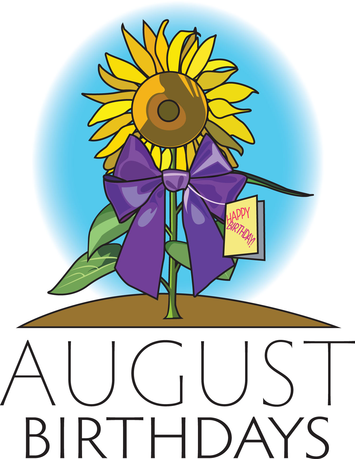 A cheerful sunflower with a purple bow and "Happy Birthday!" card, celebrating August birthdays against a blue gradient background.