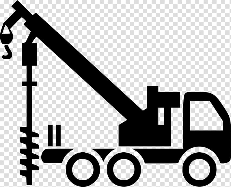 Black silhouette of a drilling rig truck with auger and crane arm on transparent background.