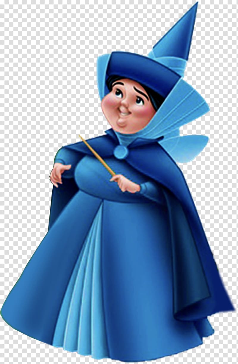 Blue-clad fairy godmother in pointed hat and cloak, holding a magic wand with a cheerful expression.