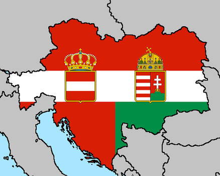 Austro-Hungarian Empire Map with Dual Monarchy Flags and Crowns