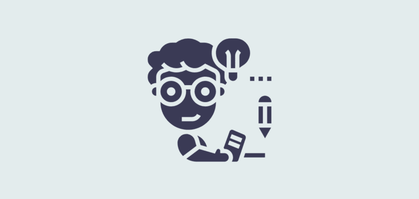 Icon of a person with glasses, lightbulb idea, pencil, and notebook symbolizing learning or creativity.