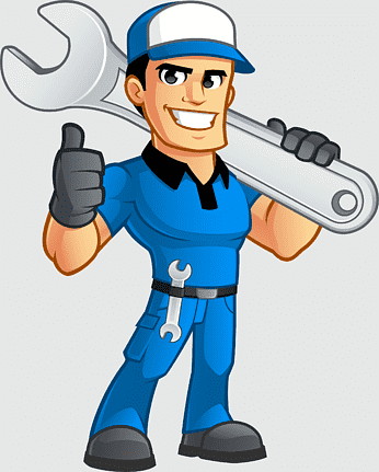 Friendly mechanic in blue uniform holding large wrench and giving thumbs-up gesture.