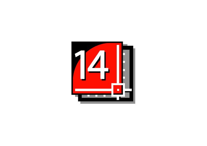 Pixel-art style logo featuring the number "14" in white on a red curved background, with filmstrip and editing tool motifs.