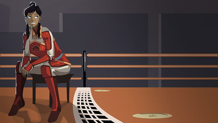 A female animated fighter in red and white armor sits pensively on a stool inside a dimly lit boxing ring.