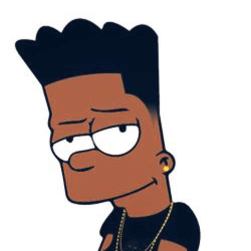 Cartoon character with spiky black hair, gold earring, chain necklace, and skeptical expression, styled like Bart Simpson with urban flair.