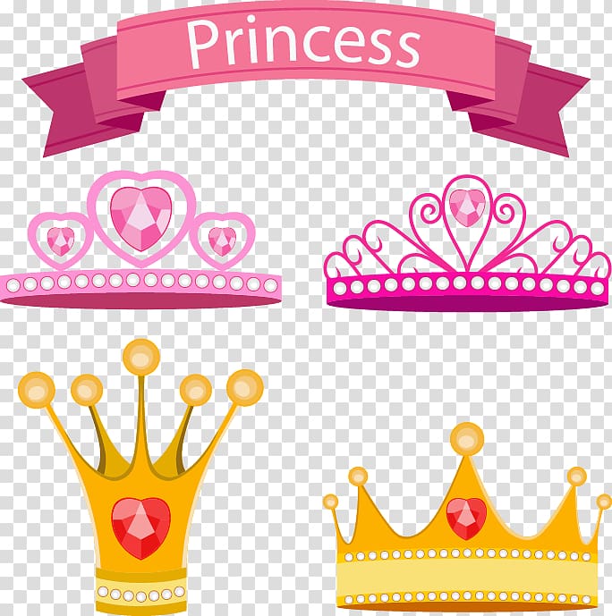 Four colorful princess crowns and tiaras with hearts and gems, under a pink "Princess" banner.
