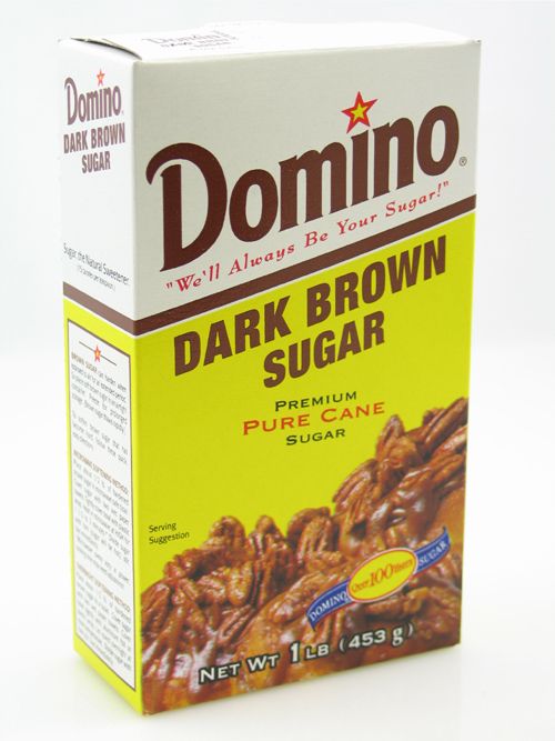 Domino Dark Brown Sugar 1 lb box with yellow label and pecan imagery