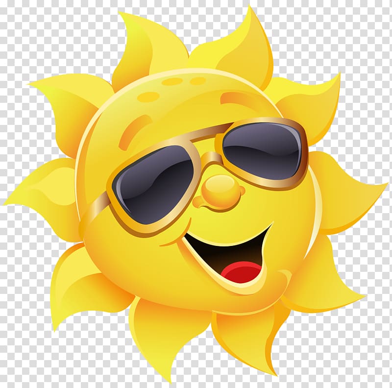 Cheerful yellow sun wearing sunglasses with a big smile and red tongue, set on transparent background.