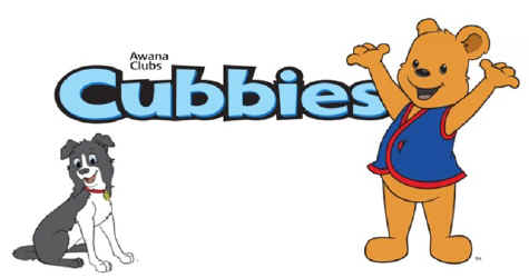 Cubbies logo featuring a smiling bear in a blue vest and a black-and-white dog, with "Awana Clubs" above the title.
