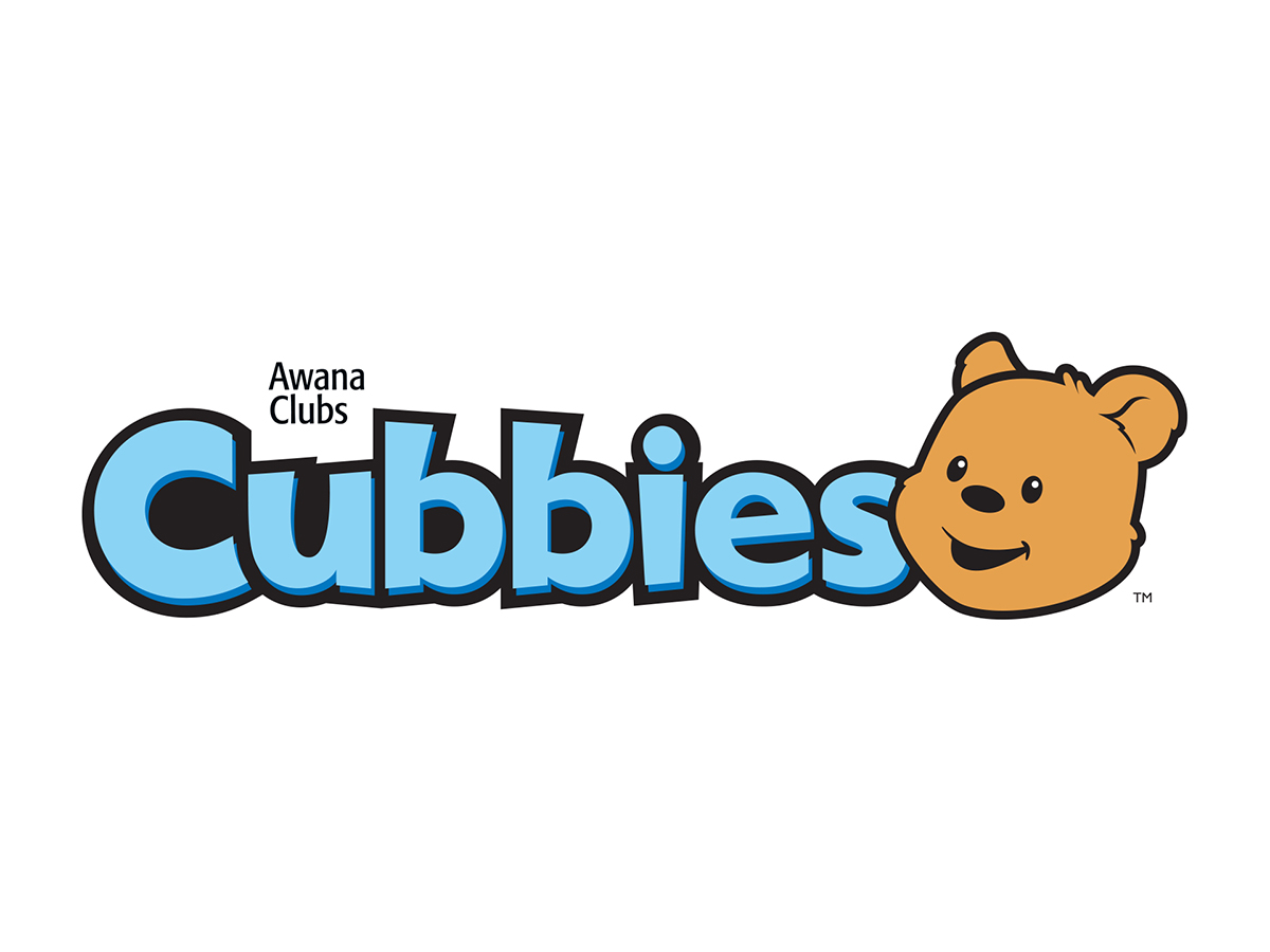 Awana Cubbies logo featuring blue stylized text with a smiling bear head and "Awana Clubs" above.