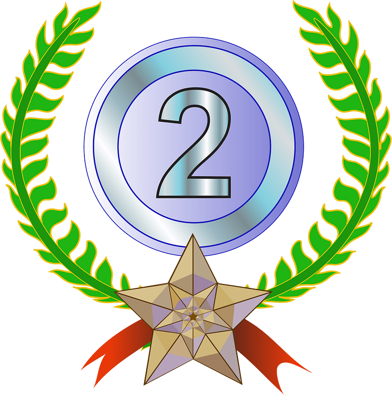 Silver second-place medal with number 2, flanked by green laurel wreath and topped with a gold star and red ribbon.